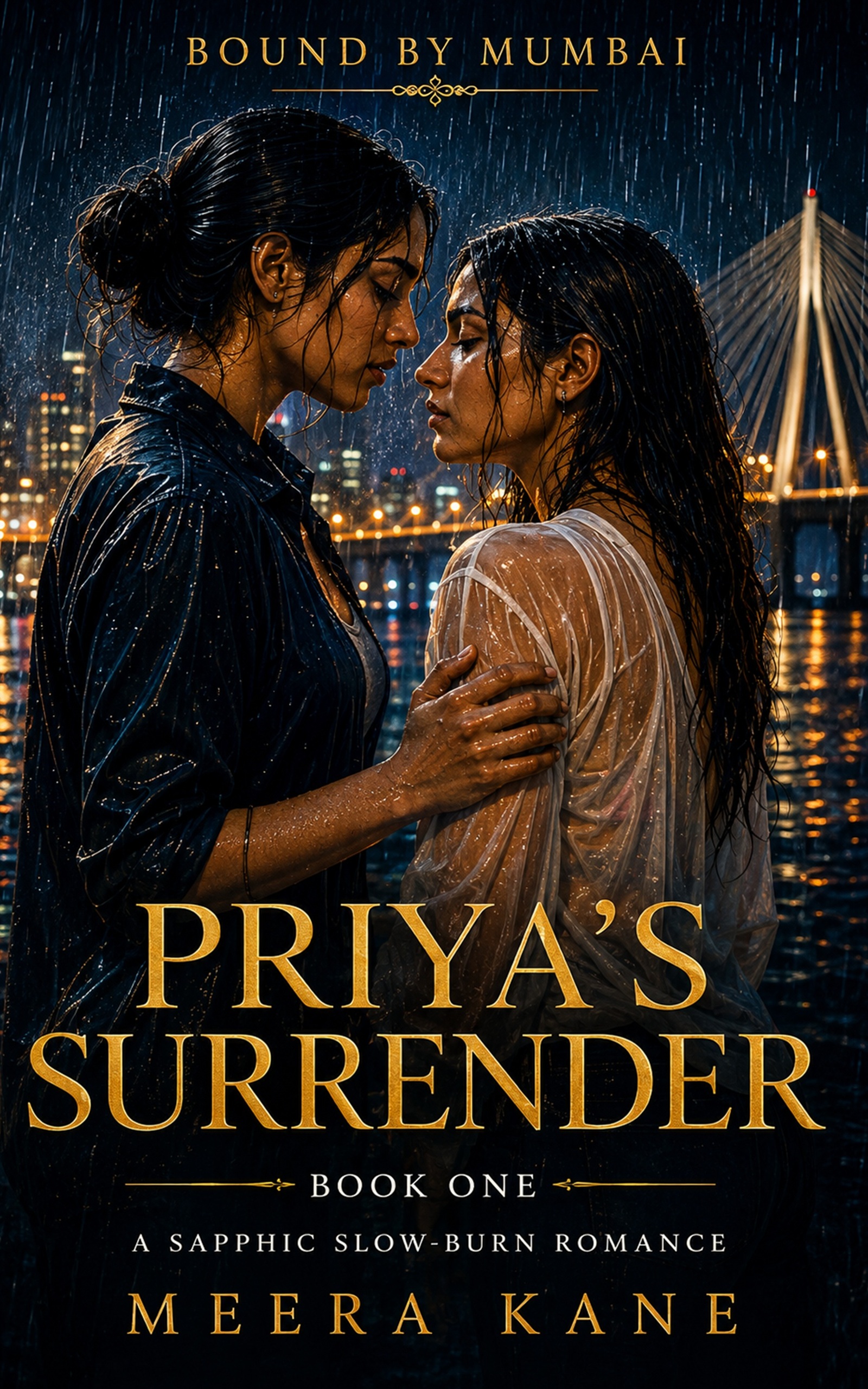 Cover of Priya's Surrender by Meera Kane — two women at a Mumbai sea wall at dawn